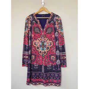 Hale Bob Tunic Dress Boho Print Long Sleeve Lined Stretch Jersey Shift Size M